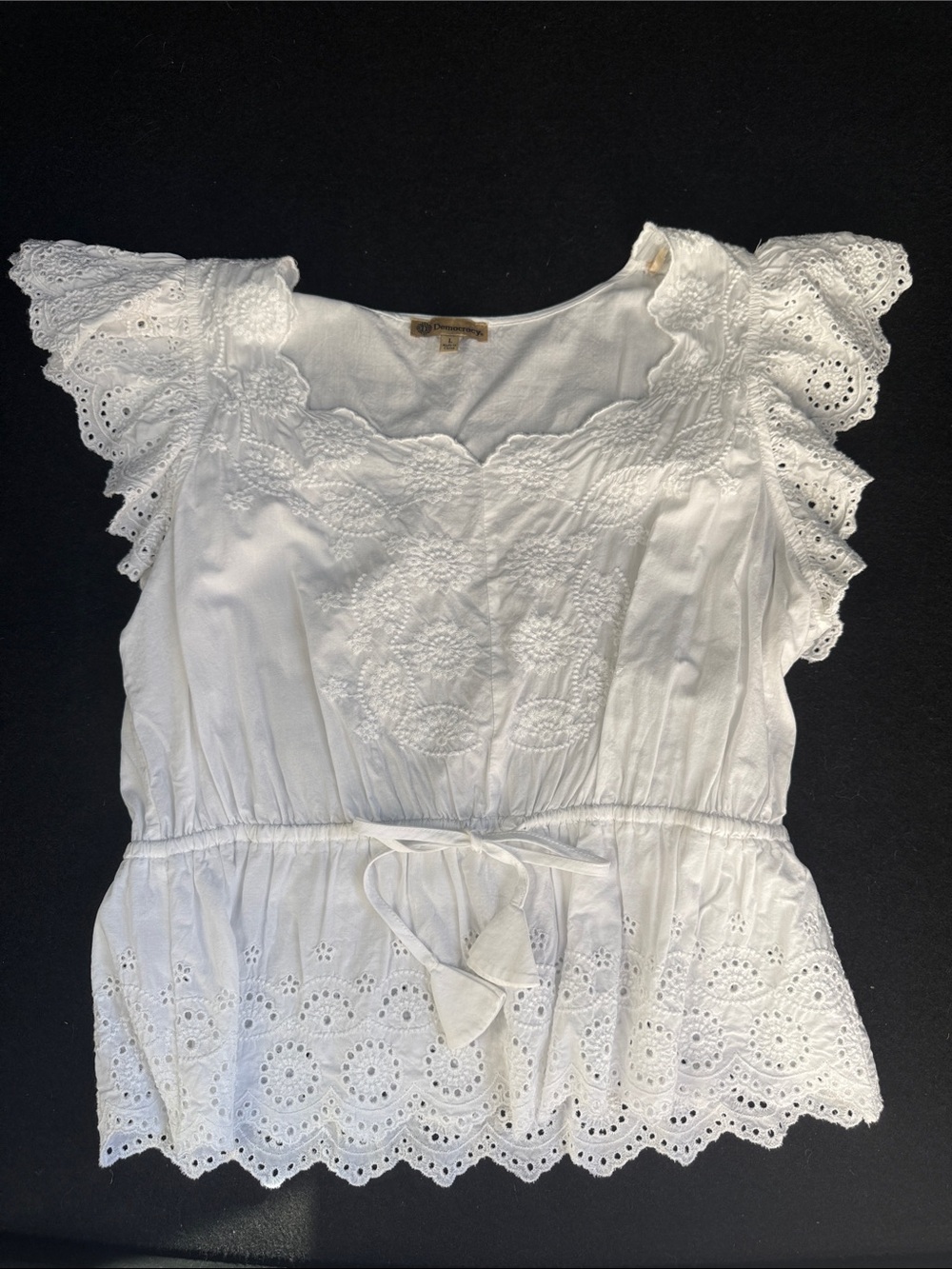 Democracy White Eyelet Lace Tie-Waist Peasant Top